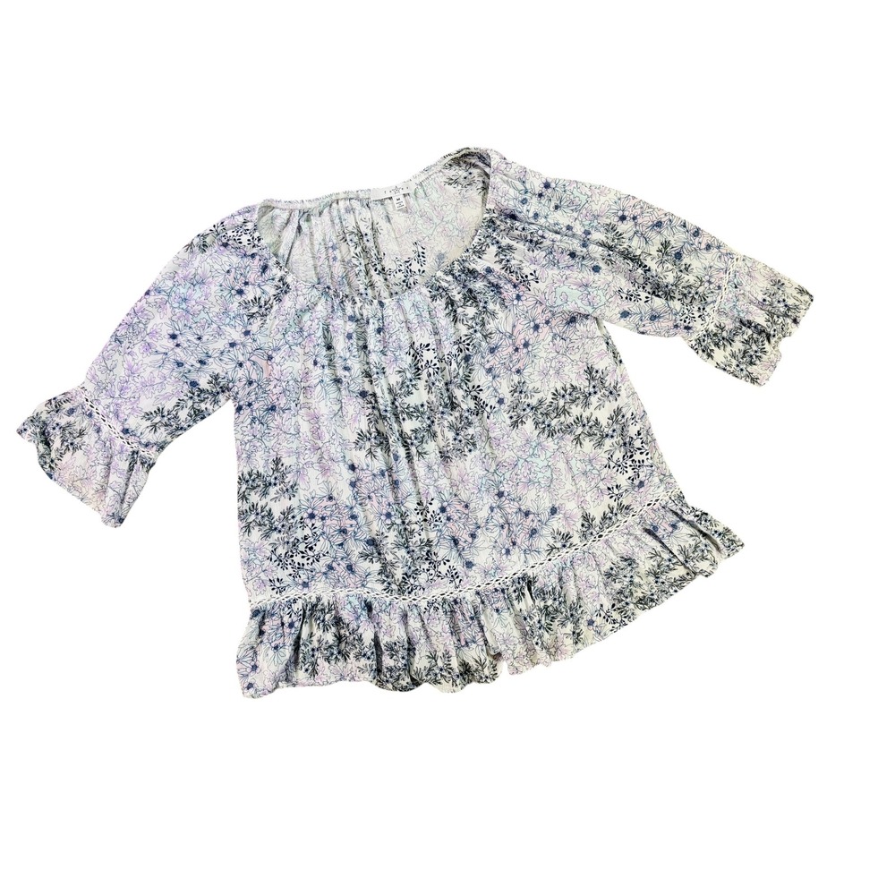 Fever Floral Ruffle Hem Boho Blouse Women's Medium 100% Rayon